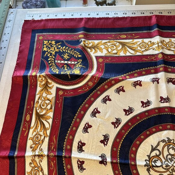 Vintage Womens Scarf Regal Heraldic Design Crests Red Navy Gold Korea 31 in - Picture 8 of 11